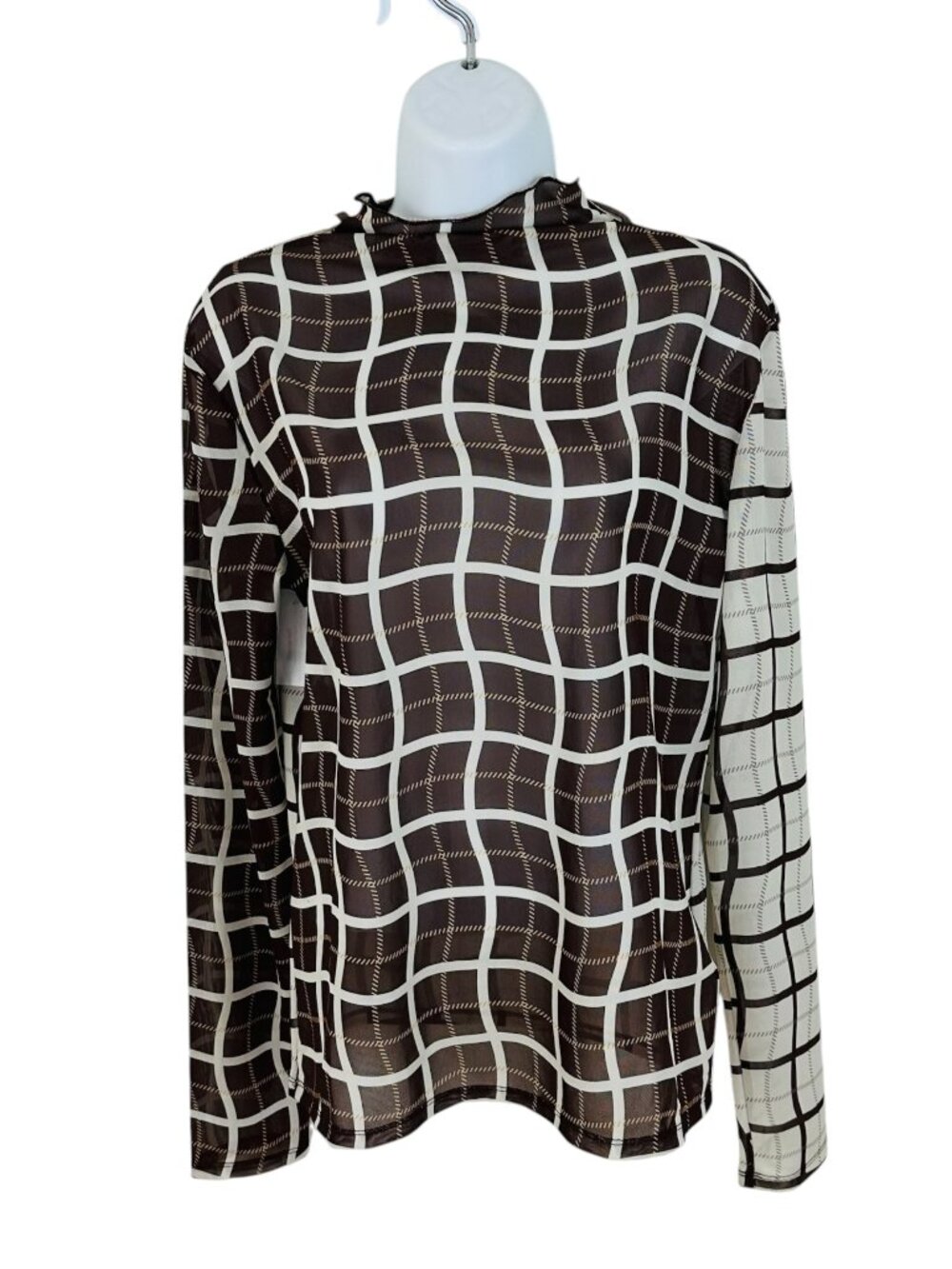 Find Me Now Women's Size L Plaid Sheer Mock Neck Java Ivory Top NEW